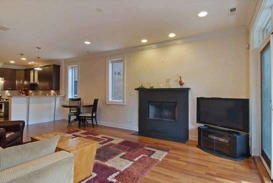 1037 West Monroe Street, Unit 2 Chicago, IL 60607 - Photo 3 of 12 a living room with furniture a flat screen tv and kitchen view