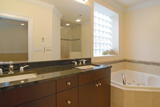 1037 West Monroe Street, Unit 2 Chicago, IL 60607 - Photo 9 of 12 a bathroom with a tub sink double vanity and mirror
