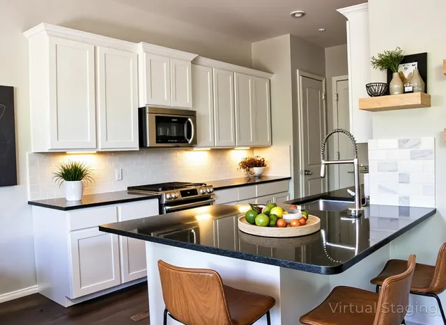 a kitchen with a stove a microwave and dining table