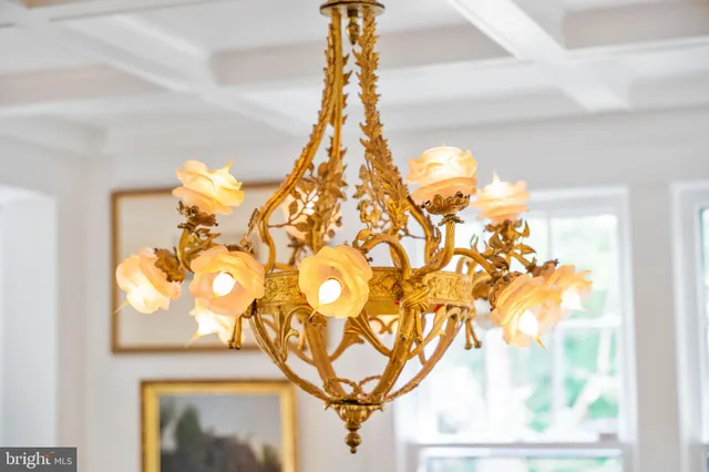 a view of a dining room with furniture wooden floor and chandelier