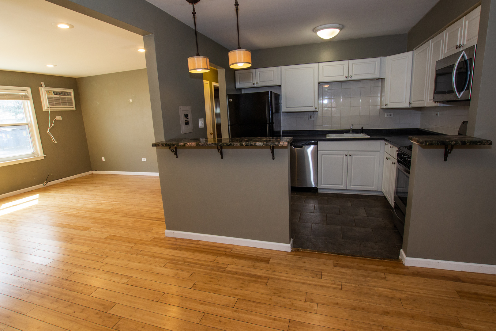 301 Chicago Avenue, Unit 1SW Oak Park, IL 60302 - Photo 2 of 12 a kitchen with kitchen island a counter top space a sink stainless steel appliances and cabinets