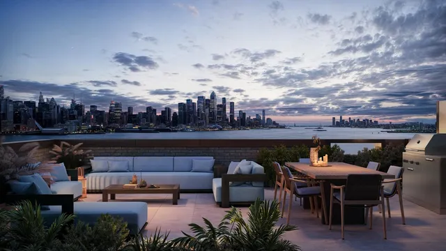 a dining room with furniture and a floor to ceiling window