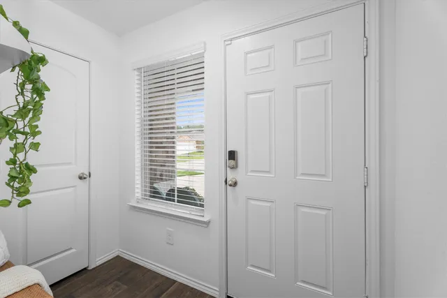 an entryway with wooden floor and a potted plant