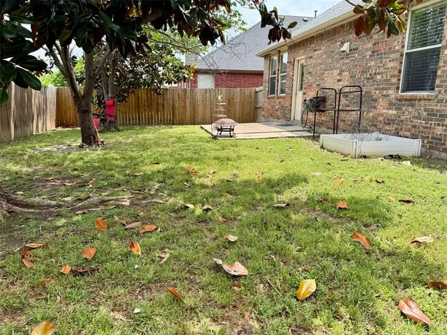a view of a backyard with a tree