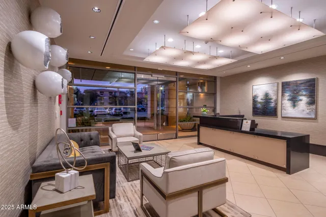 a view of a hallway with a refrigerator