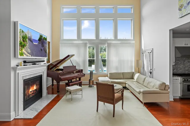 a living room with furniture a rug and a fireplace