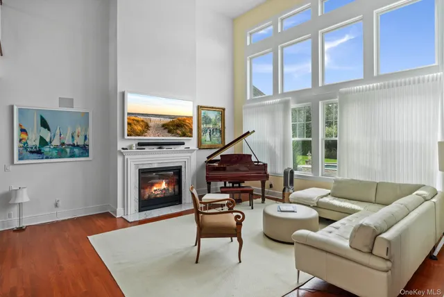 a living room with furniture a fireplace and a floor to ceiling window