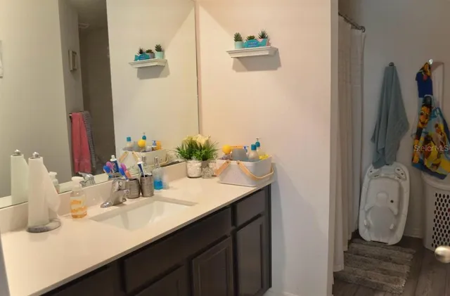 a bathroom with a sink and a mirror