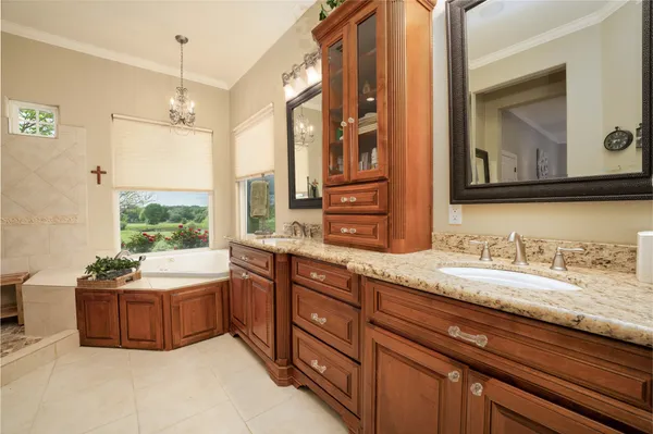 a bathroom with a granite countertop double vanity sink a mirror and a bathtub