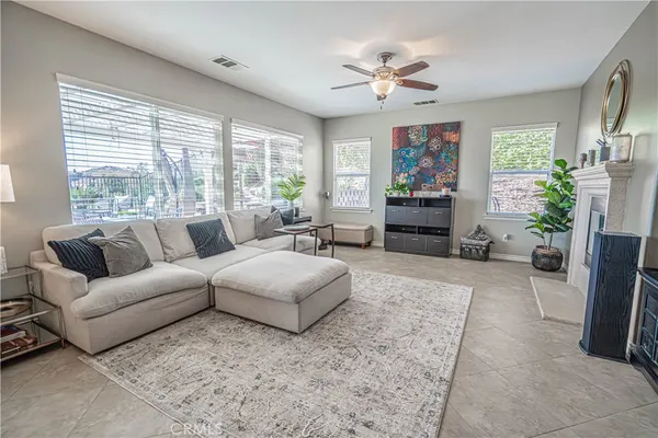 a living room with furniture a fireplace and a potted plant