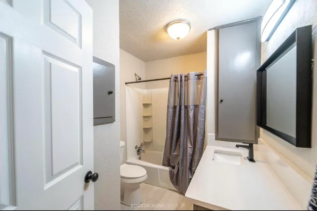 a bathroom with a sink a toilet and shower