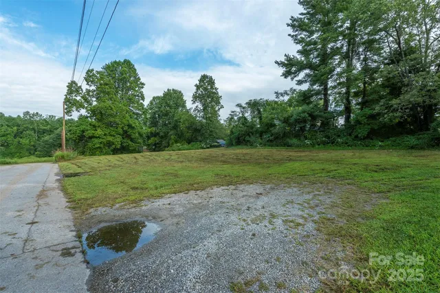 a view of a grassy field with trees in the background