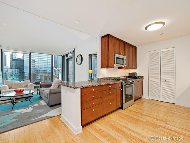 60 East Monroe Street, Unit 1906 Chicago, IL 60603 - Photo 5 of 20 a kitchen with stainless steel appliances granite countertop a stove top oven and couches next to a large window