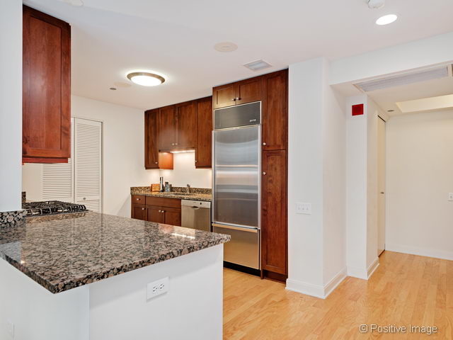 60 East Monroe Street, Unit 1906 Chicago, IL 60603 - Photo 10 of 20 a kitchen with stainless steel appliances granite countertop a sink and a refrigerator