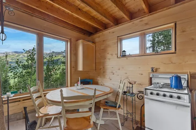 a view of a dining room with furniture window and outside view