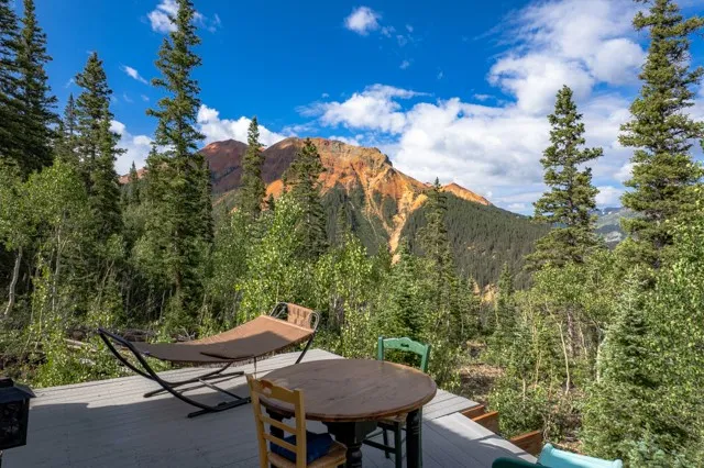 a view of a backyard with table and chairs and potted plants