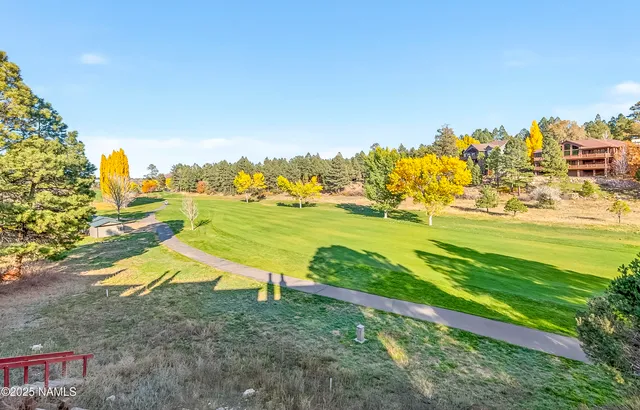 an aerial view of a swimming pool with lawn chairs under an umbrella