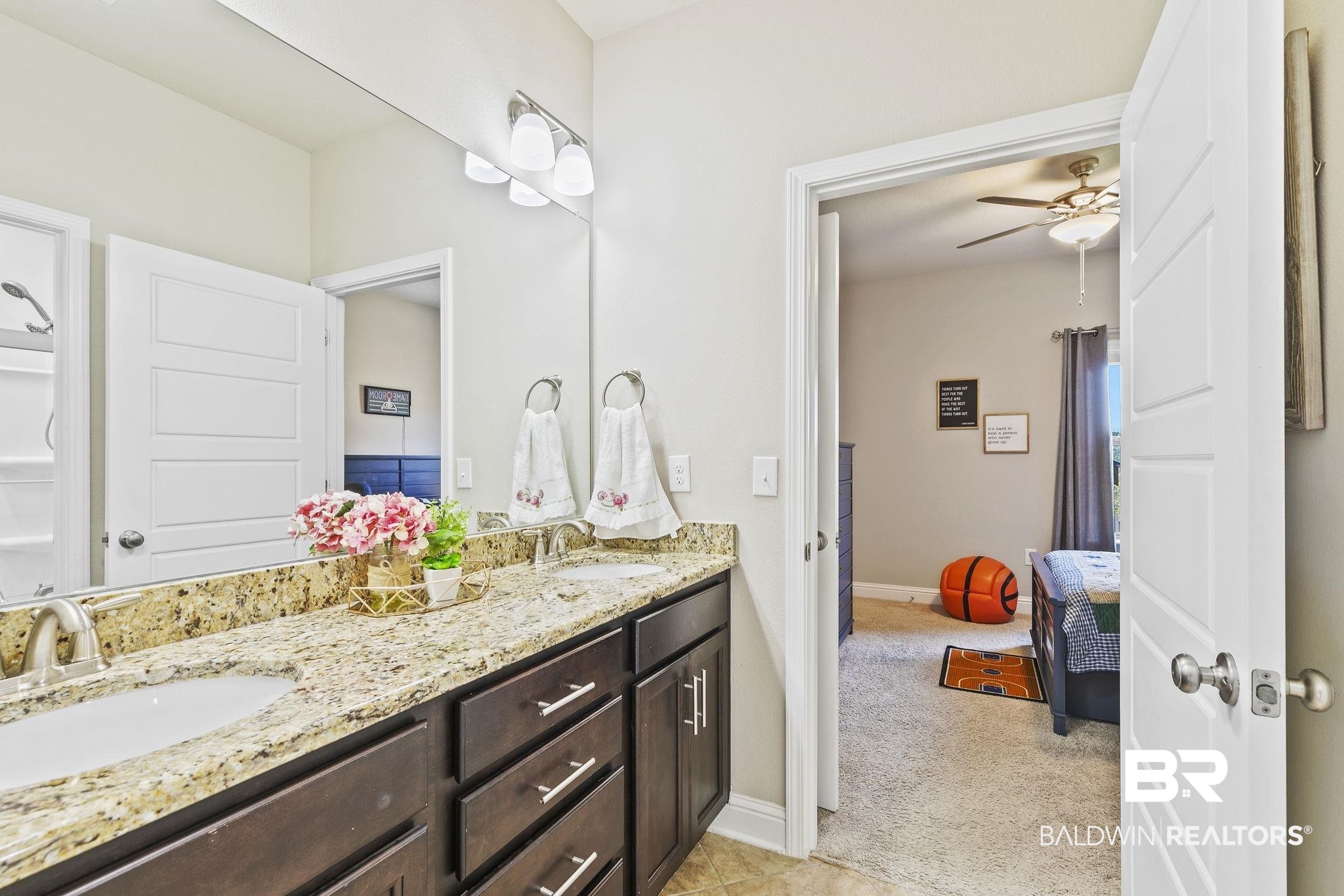 31500 Spoonbill Road Daphne, AL 36527 - Photo 38 of 85 Bathroom featuring ceiling fan, vanity, and tile patterned flooring