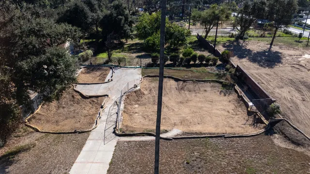 an aerial view of a backyard
