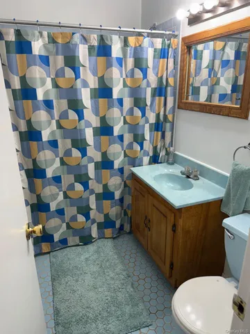 a bathroom with a sink a toilet and shower curtain