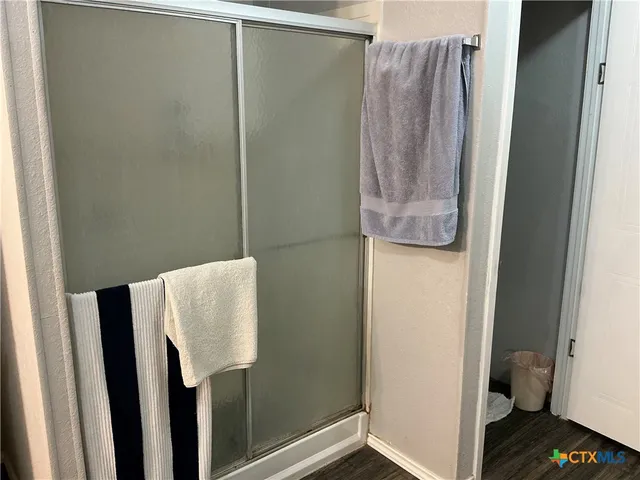 a bathroom with a shower and toilet
