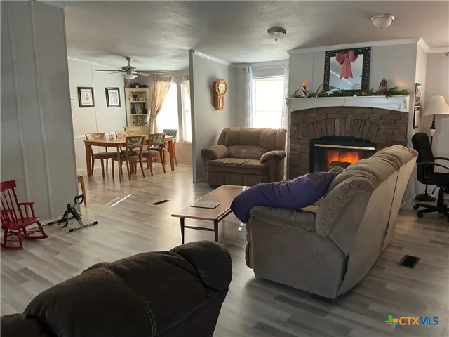 a living room with furniture and a fireplace
