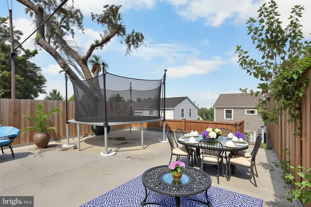 a backyard of a house with table and chairs