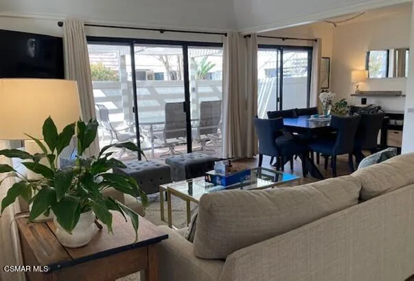 a living room with furniture potted plant floor to ceiling windows and a flat screen tv