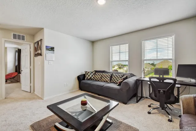 a living room with furniture rug and window