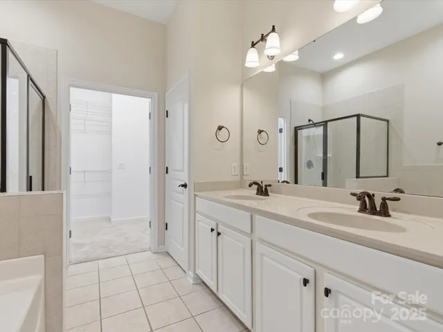 a bathroom with a double vanity sink mirror and shower