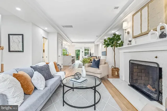 a living room with furniture a fireplace and a potted plant