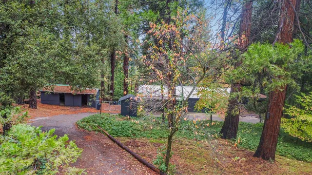 an aerial view of residential house with outdoor space and trees all around