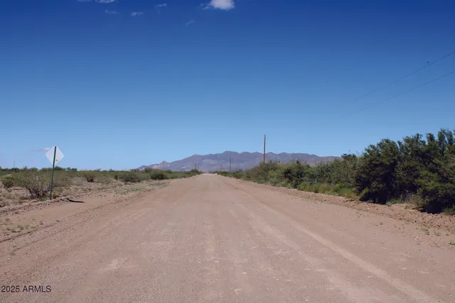 a view of a dry yard with mountains in the background