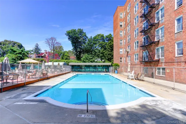 a view of a swimming pool with a bench in front of it