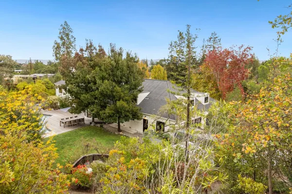 a view of yard with swimming pool and trees in the background