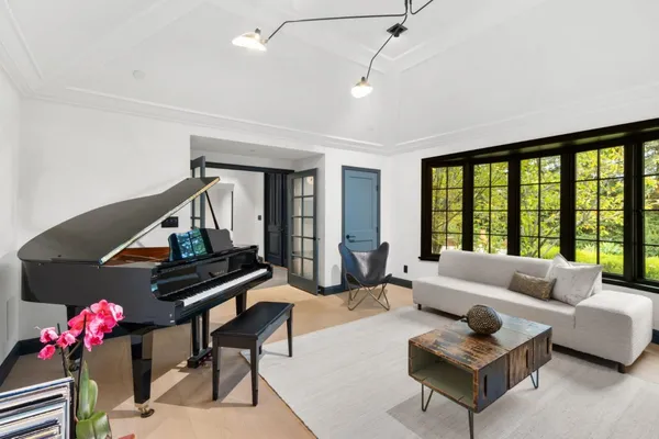 a living room with furniture and a potted plant