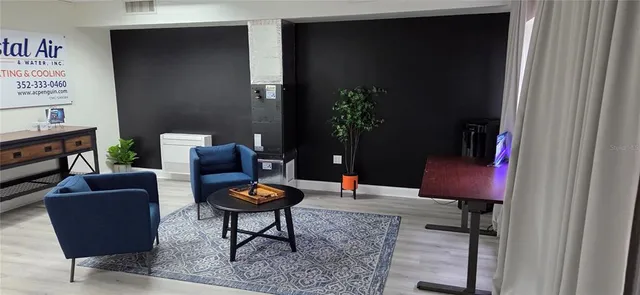 a living room with furniture and a potted plant