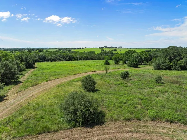 an aerial view of a houses with outdoor space and trees all around