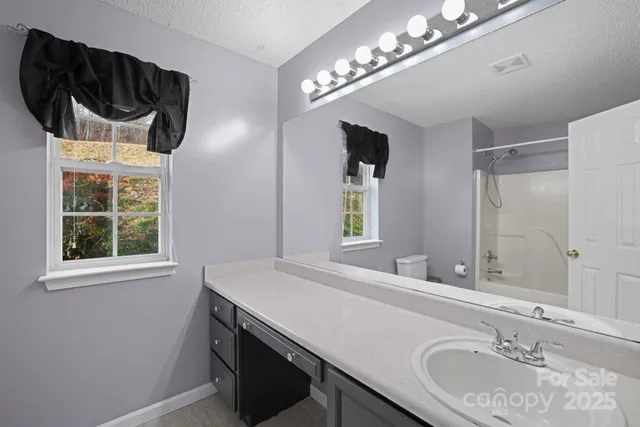 a bathroom with a granite countertop toilet and a sink