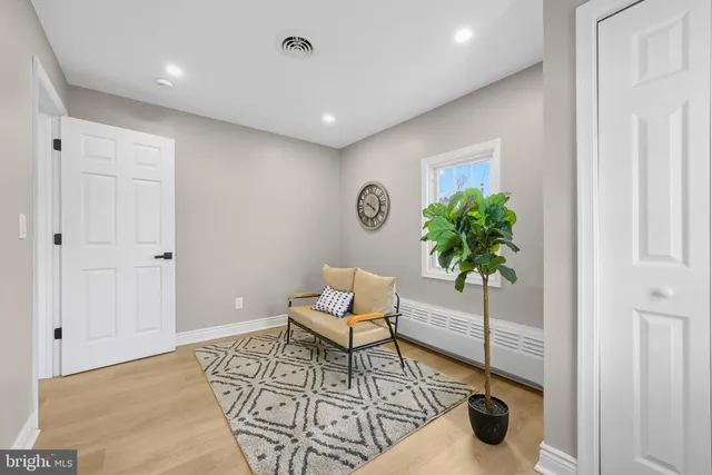 a living room with furniture and a potted plant
