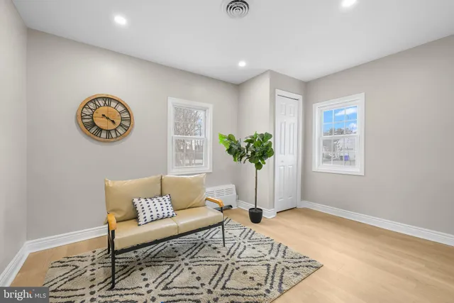 a living room with furniture and a potted plant