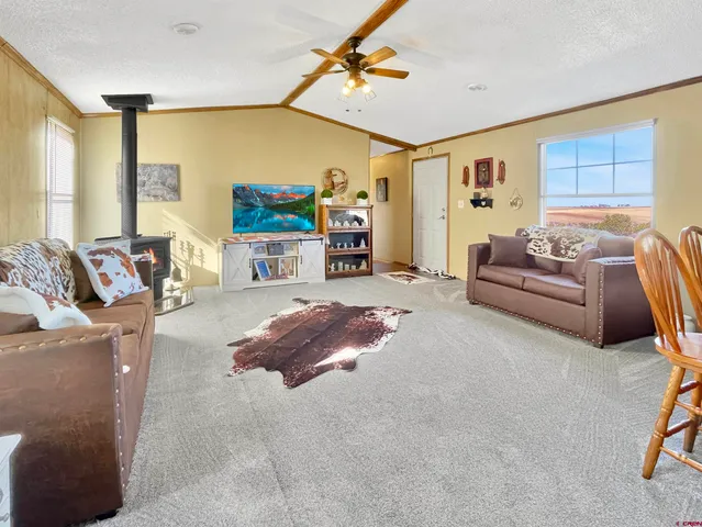 a living room with furniture and a ceiling fan