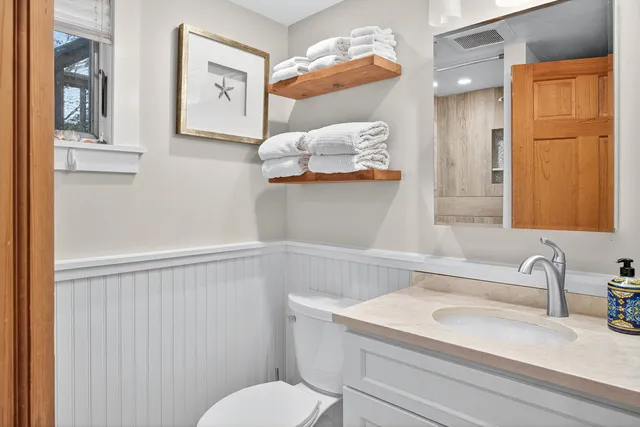 a bathroom with a sink a toilet and vanity