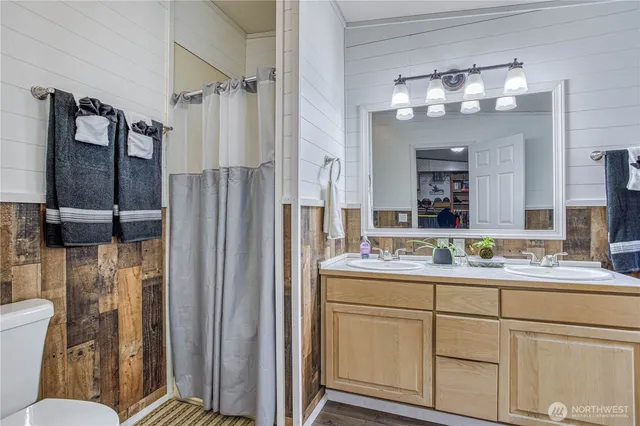 a bathroom with a double vanity sink mirror and toilet