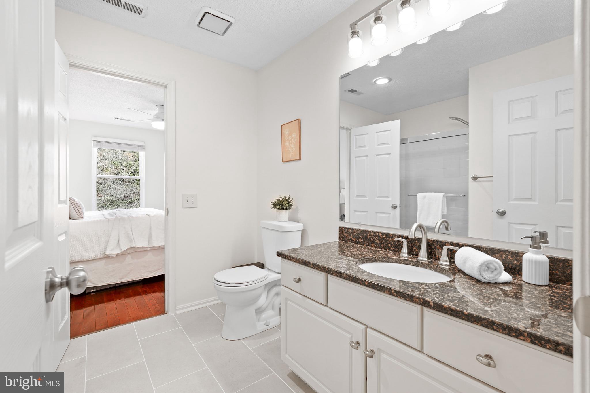 12901 Churchill Ridge Circle, Unit 13 Germantown, MD 20874 - Photo 18 of 44 a bathroom with a granite countertop sink a toilet and a mirror