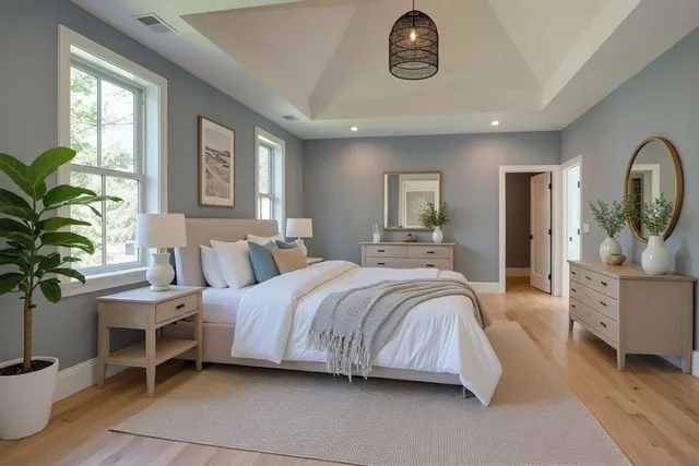 a spacious bedroom with a bed and a potted plant