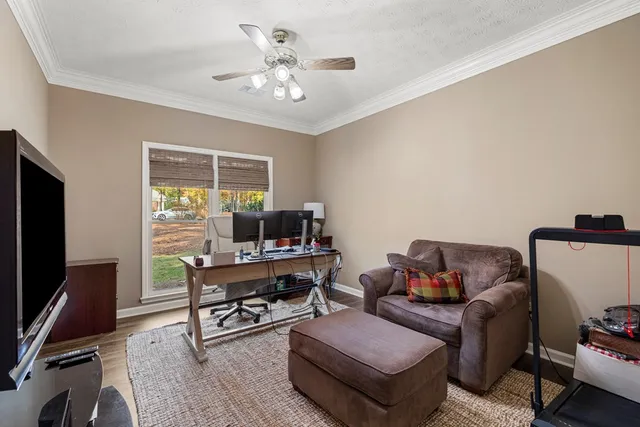 a view of backyard with seating area and outdoor seating