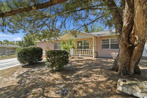 a view of a house with a yard and large tree