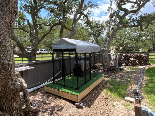 a view of a park with large trees