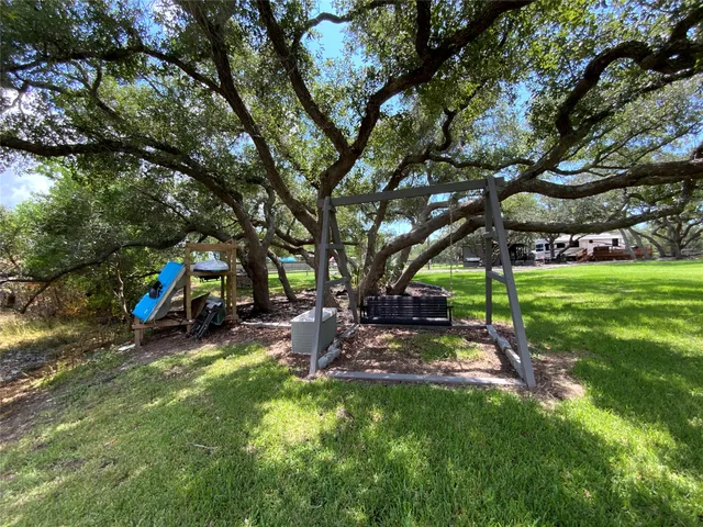 a view of a yard with plants and large trees